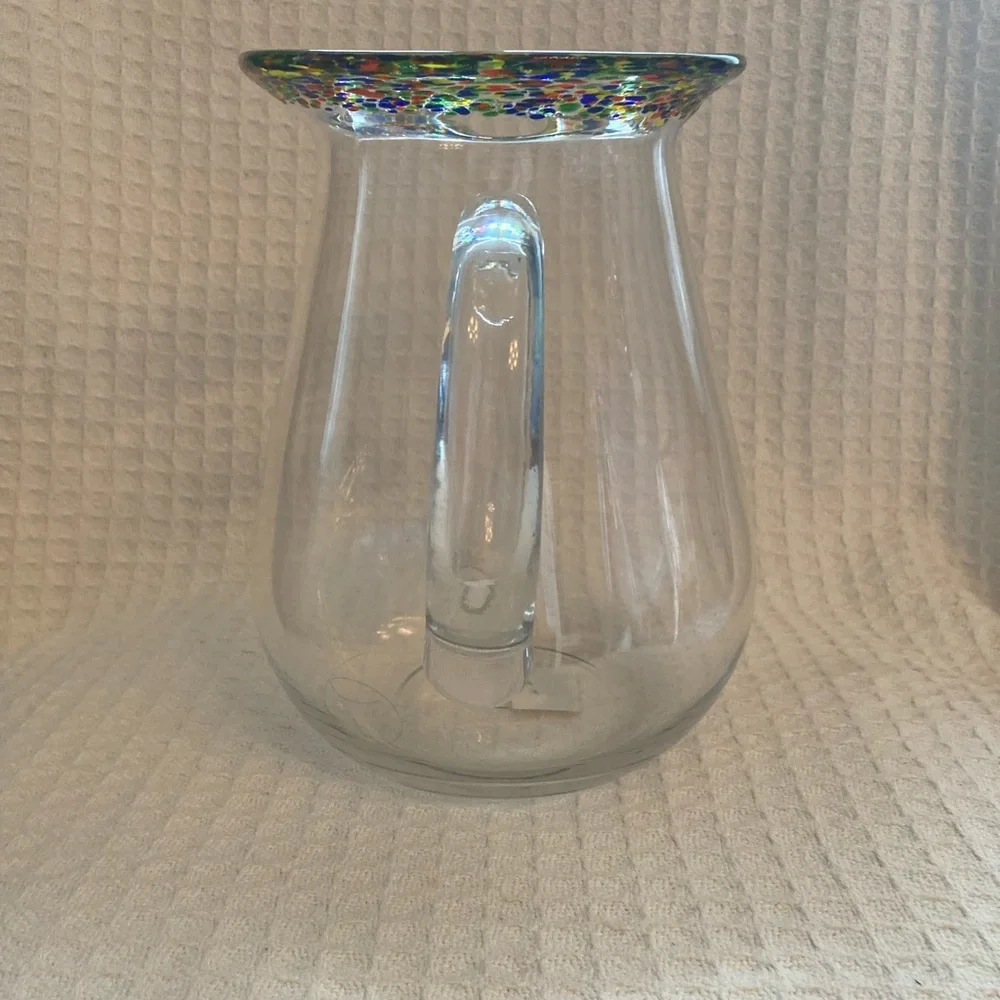 Crate & Barrel Fiesta Confetti Rim Hand Blown Pitcher With Applied Handle